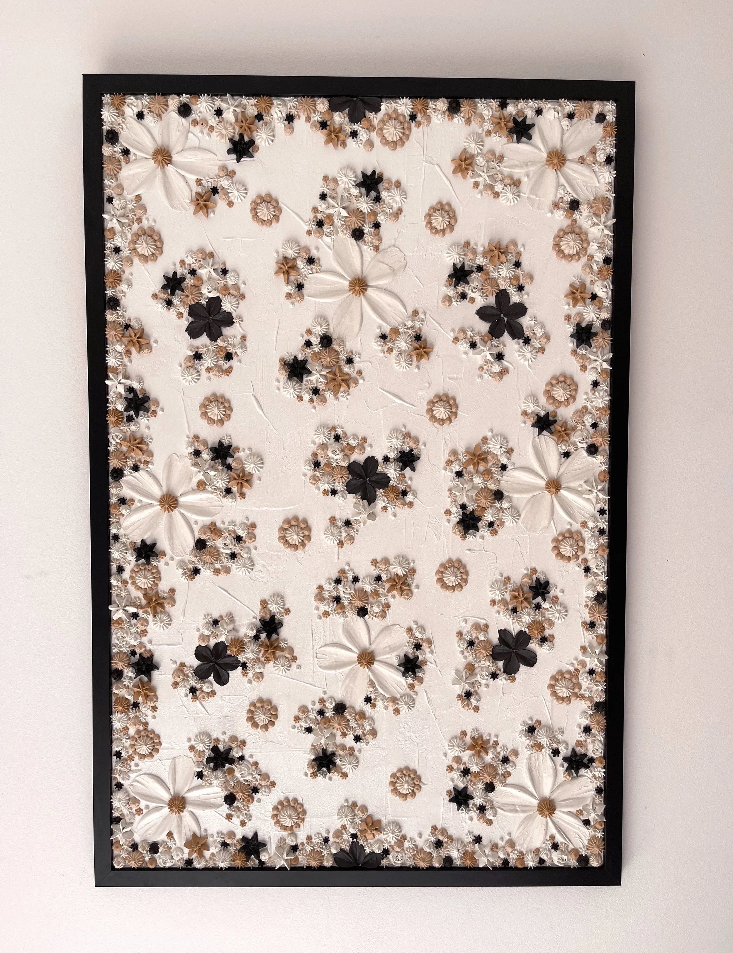 Framed floral textured artwork on a white wall